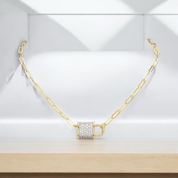 Pave Lock Pendant & Gold Link Necklace. - Picture 6 of 7